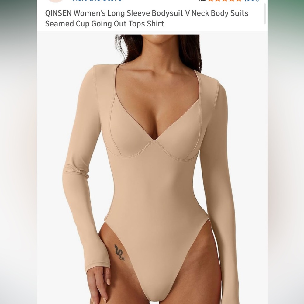 QINSEN Women's V-Neck Long Sleeve Thong Bodysuit - Marzipan